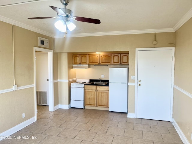 kitchen with crown molding, white appliances, ceiling fan, and sink