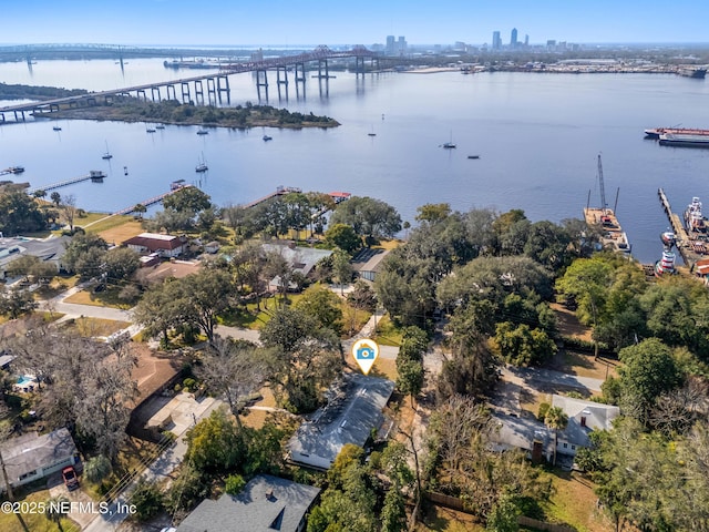 drone / aerial view with a water view