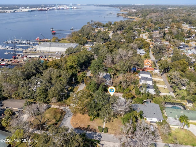 aerial view with a water view and a residential view