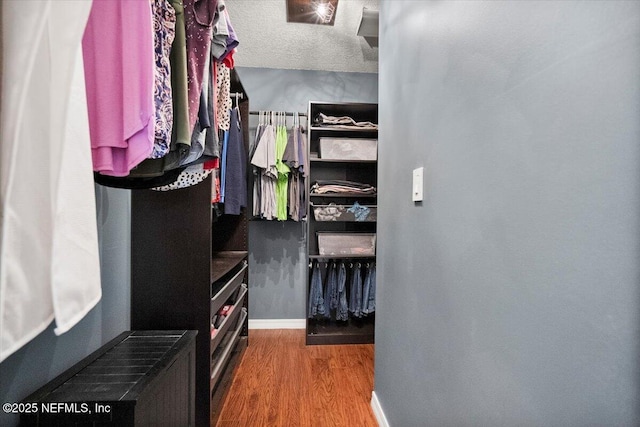 walk in closet with wood finished floors