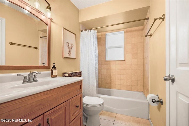 bathroom featuring toilet, vanity, tile patterned flooring, and shower / bath combo with shower curtain