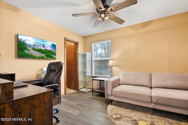 office space with a ceiling fan, a textured ceiling, and wood finished floors