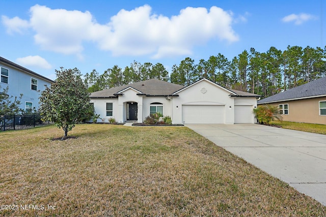 single story home featuring stucco siding, driveway, fence, a front yard, and a garage