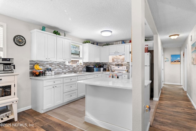 kitchen with sink, white cabinetry, hardwood / wood-style floors, white electric range oven, and tasteful backsplash