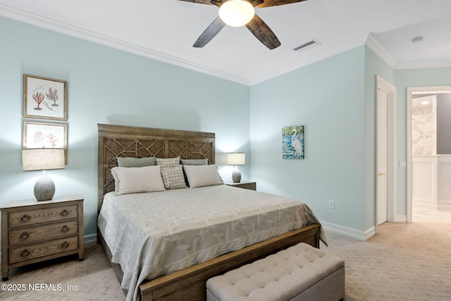 bedroom featuring a ceiling fan, baseboards, carpet, visible vents, and ornamental molding