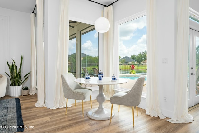 dining space featuring wood-type flooring