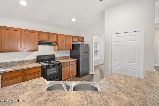 kitchen with lofted ceiling, sink, and black appliances