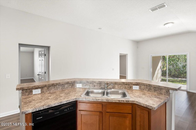 kitchen with lofted ceiling, sink, black dishwasher, a textured ceiling, and dark hardwood / wood-style flooring