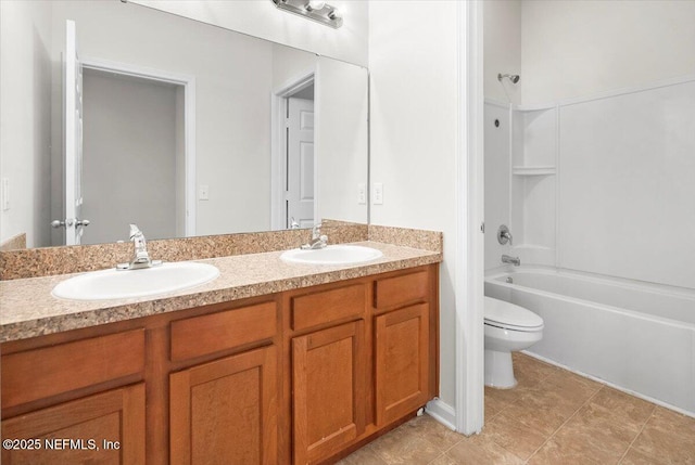 full bathroom with vanity, bathing tub / shower combination, and toilet