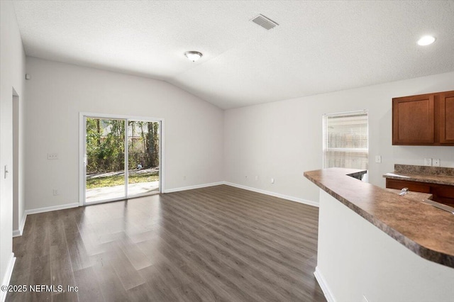 unfurnished living room with lofted ceiling, dark wood-type flooring, and a textured ceiling