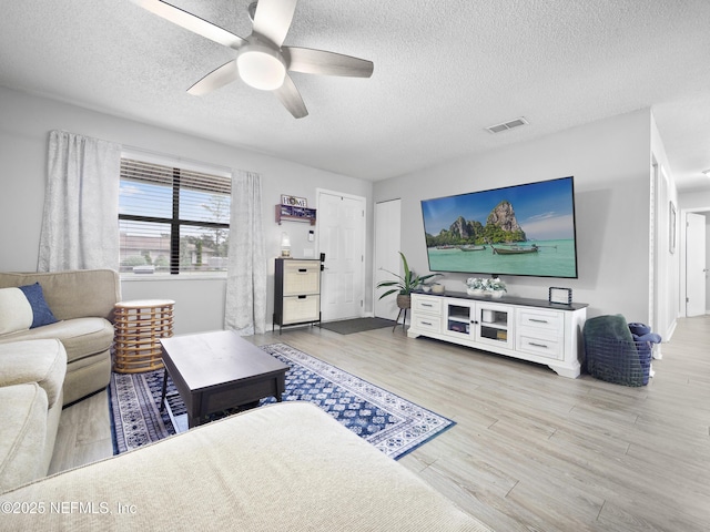 living room featuring ceiling fan, a textured ceiling, and light wood-type flooring