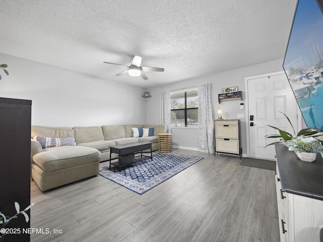 living room featuring ceiling fan, light hardwood / wood-style floors, and a textured ceiling