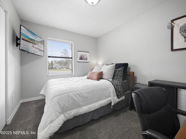 carpeted bedroom with a textured ceiling