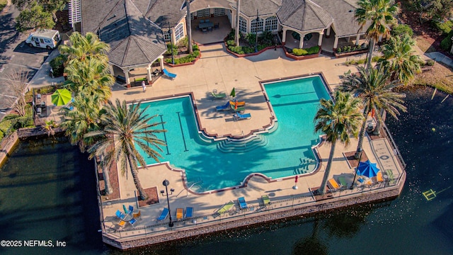 drone / aerial view featuring a water view