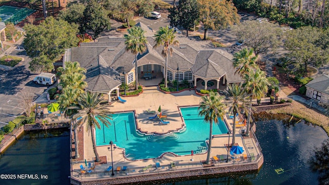 aerial view featuring a water view