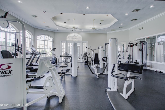 exercise room featuring a raised ceiling, ceiling fan, and ornamental molding