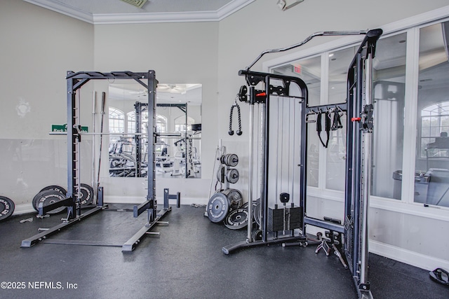 workout area featuring ornamental molding