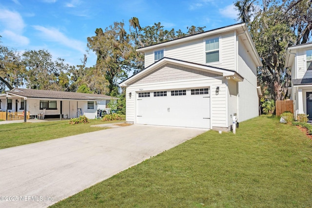 view of front of home featuring a garage, a front yard, and covered porch