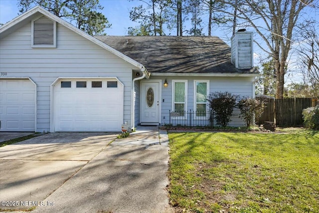 view of front facade featuring a chimney, concrete driveway, an attached garage, fence, and a front lawn