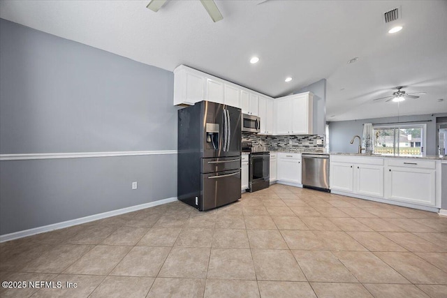 kitchen with sink, ceiling fan, stainless steel appliances, decorative backsplash, and white cabinets