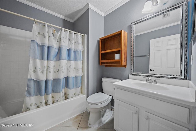 full bathroom featuring shower / tub combo, toilet, crown molding, tile patterned floors, and a textured ceiling