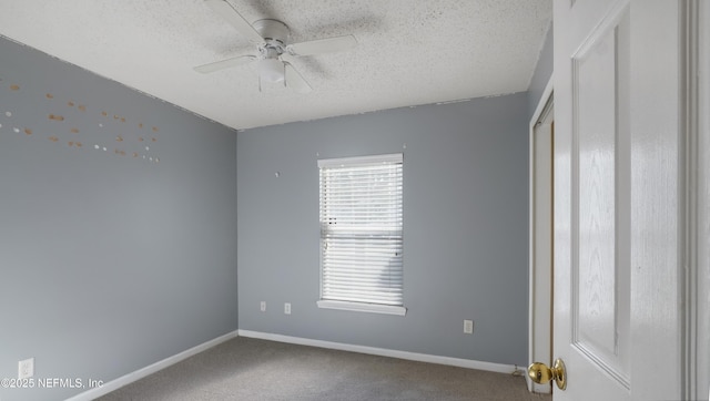 empty room with ceiling fan, carpet, and a textured ceiling