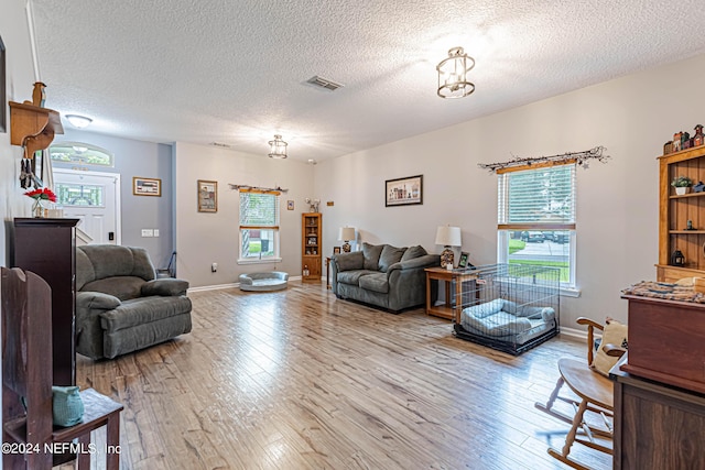 living room featuring a textured ceiling and light wood-type flooring