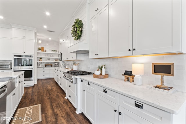 kitchen with dark wood-type flooring, appliances with stainless steel finishes, backsplash, light stone counters, and white cabinets