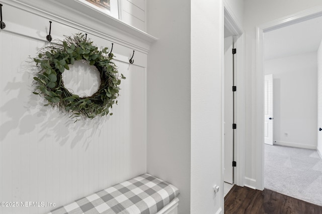 mudroom featuring dark wood-type flooring