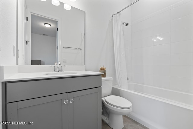 full bathroom with toilet, vanity, and shower / bathtub combination with curtain