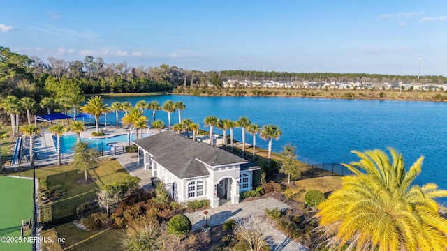 aerial view featuring a water view