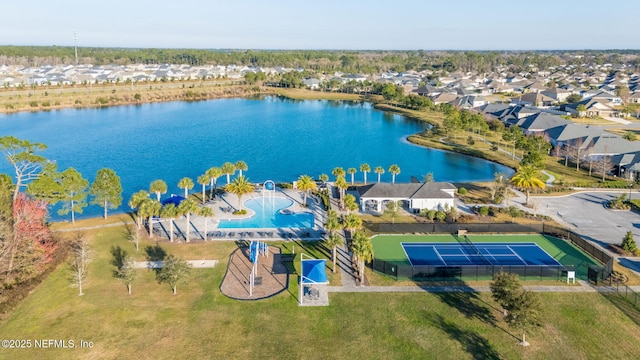 aerial view featuring a water view