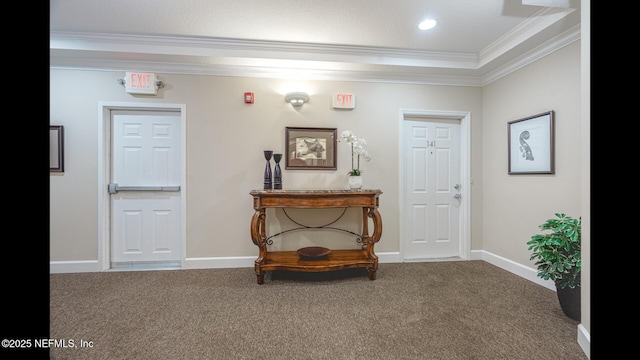 hallway featuring crown molding and carpet floors