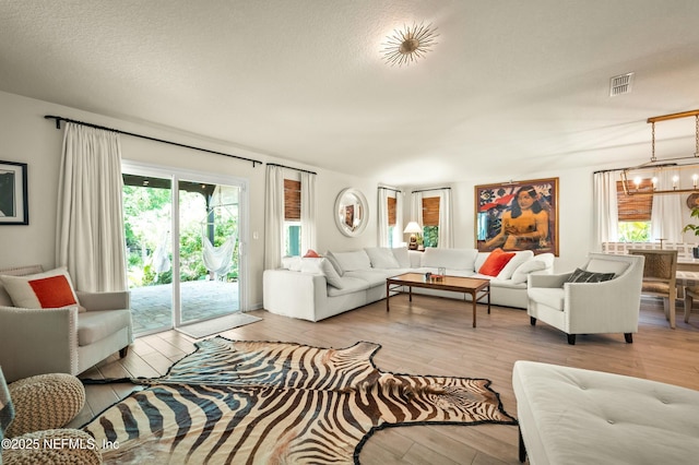 living room with a chandelier, light hardwood / wood-style floors, and a textured ceiling