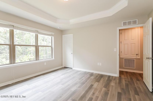 unfurnished room with dark wood-type flooring and a raised ceiling