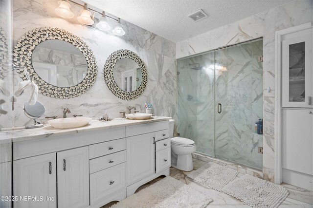 1387 Dunns Lake Dr, Jacksonville, FL 32218 - bathroom featuring walk in shower, vanity, toilet, and a textured ceiling