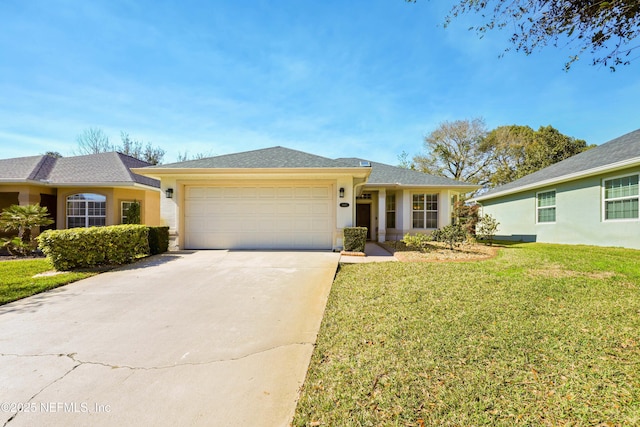 ranch-style home with a garage, driveway, a front yard, and stucco siding