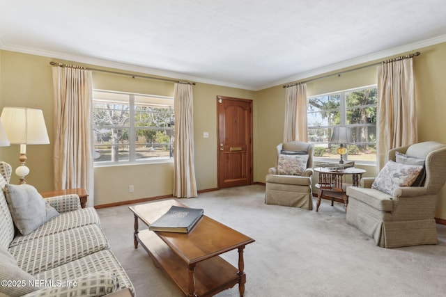 carpeted living room featuring ornamental molding