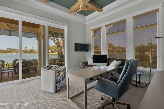 office area with baseboards, a ceiling fan, coffered ceiling, and wood finished floors