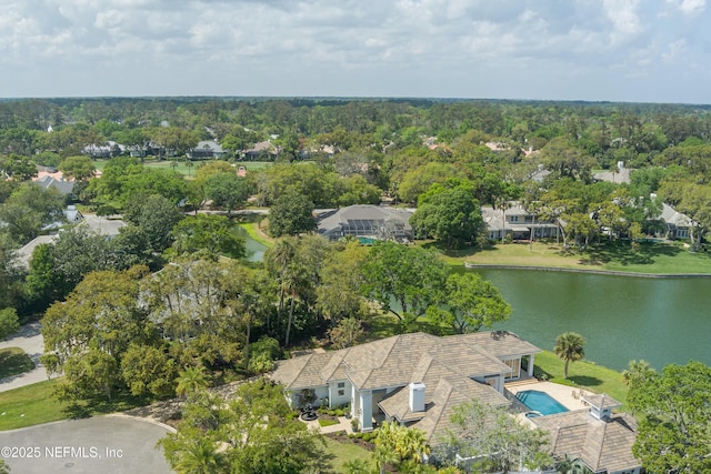 drone / aerial view with a water view