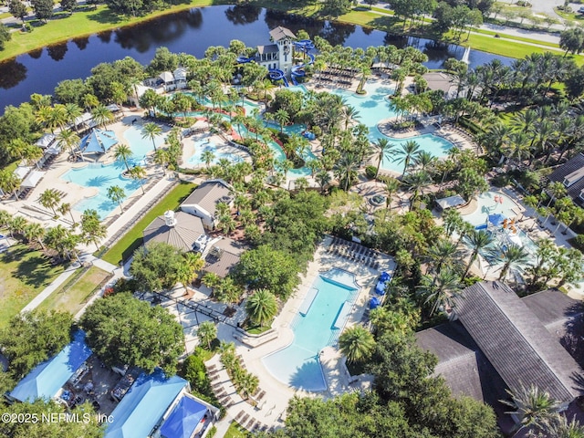 aerial view featuring a water view