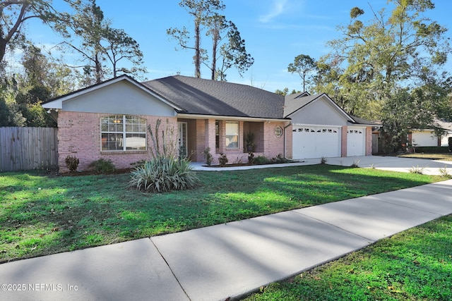 ranch-style house featuring a garage, concrete driveway, brick siding, and fence