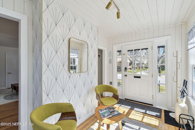 758 Acosta St, Jacksonville, FL 32204 - interior space featuring hardwood / wood-style floors, wood ceiling, rail lighting, and a healthy amount of sunlight