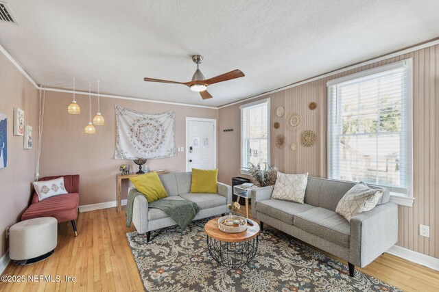 758 Acosta St, Jacksonville, FL 32204 - living room with wood-type flooring, ornamental molding, a textured ceiling, and ceiling fan