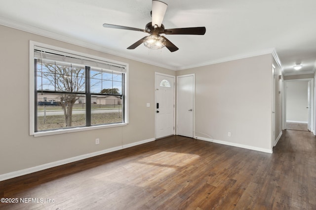 entrance foyer with dark hardwood / wood-style flooring, crown molding, and ceiling fan