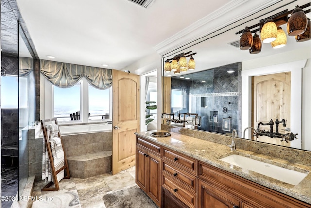 full bath with crown molding, tiled shower, a garden tub, and vanity