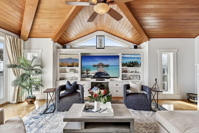 living room featuring vaulted ceiling with beams, ceiling fan, and wooden ceiling