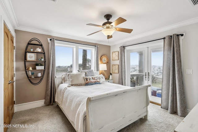 bedroom featuring crown molding, light carpet, visible vents, and access to exterior