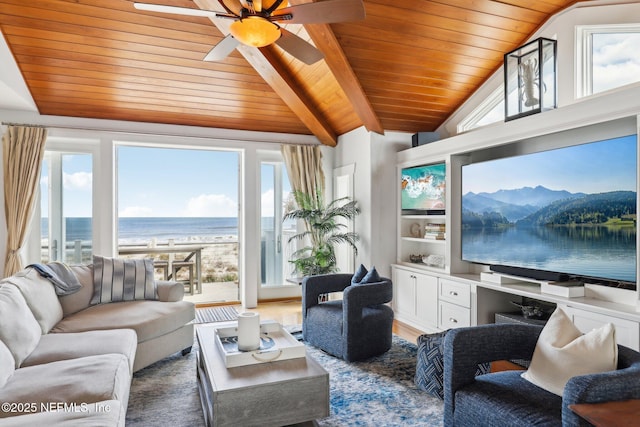 living area with lofted ceiling with beams, wood ceiling, ceiling fan, and wood finished floors