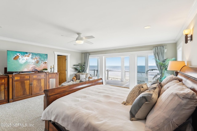 bedroom featuring carpet floors, ornamental molding, access to outside, and a ceiling fan